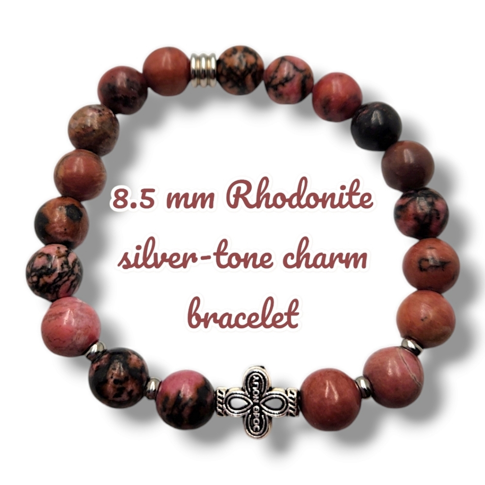 8.5 mm Rhodonite silver-tone charm bracelet